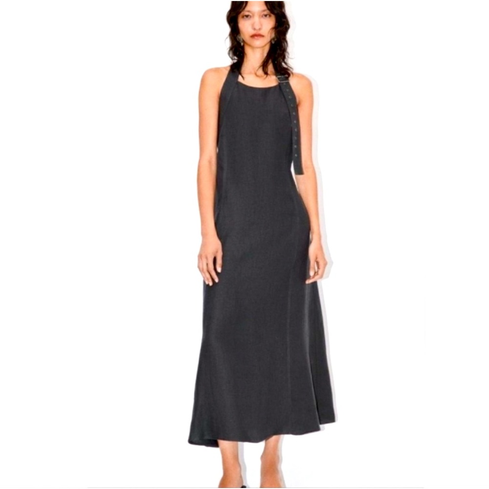 NWT Zara dark denim colored 100% linen buckle halter maxi dress